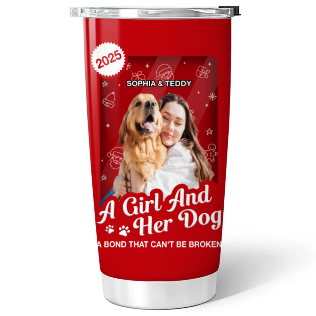 Custom Photo Christmas Birthday Gifts For Dog Mom, Dog Lovers • A Woman And Her Dog Cartoon Christmas Photo - Personalized Tumbler
