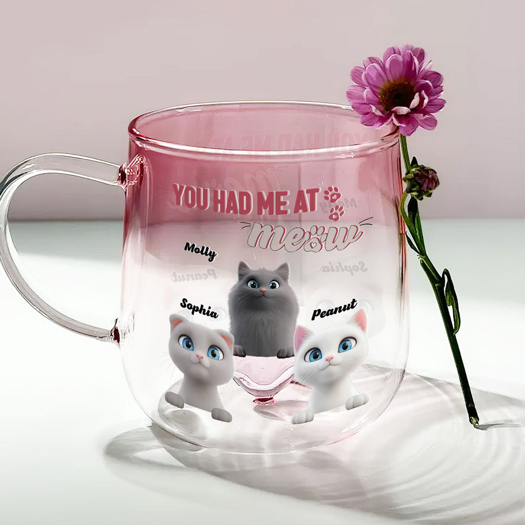 Custom Mother's day Birthday Gifts For Cat Mom, Cat Lovers • You Had Me At Meow - Personalized Pink Gradient Glass Mug