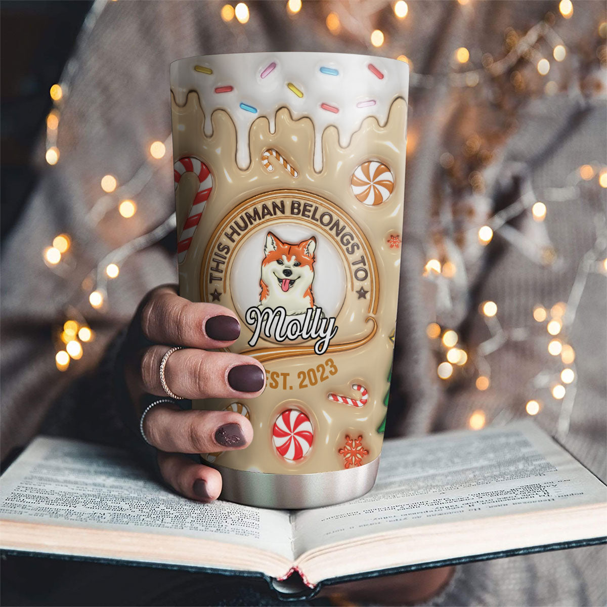 Custom Christmas Birthday Gifts For Dog Lovers • Human Belongs To Dog - Personalized 3D Inflated Effect Tumbler