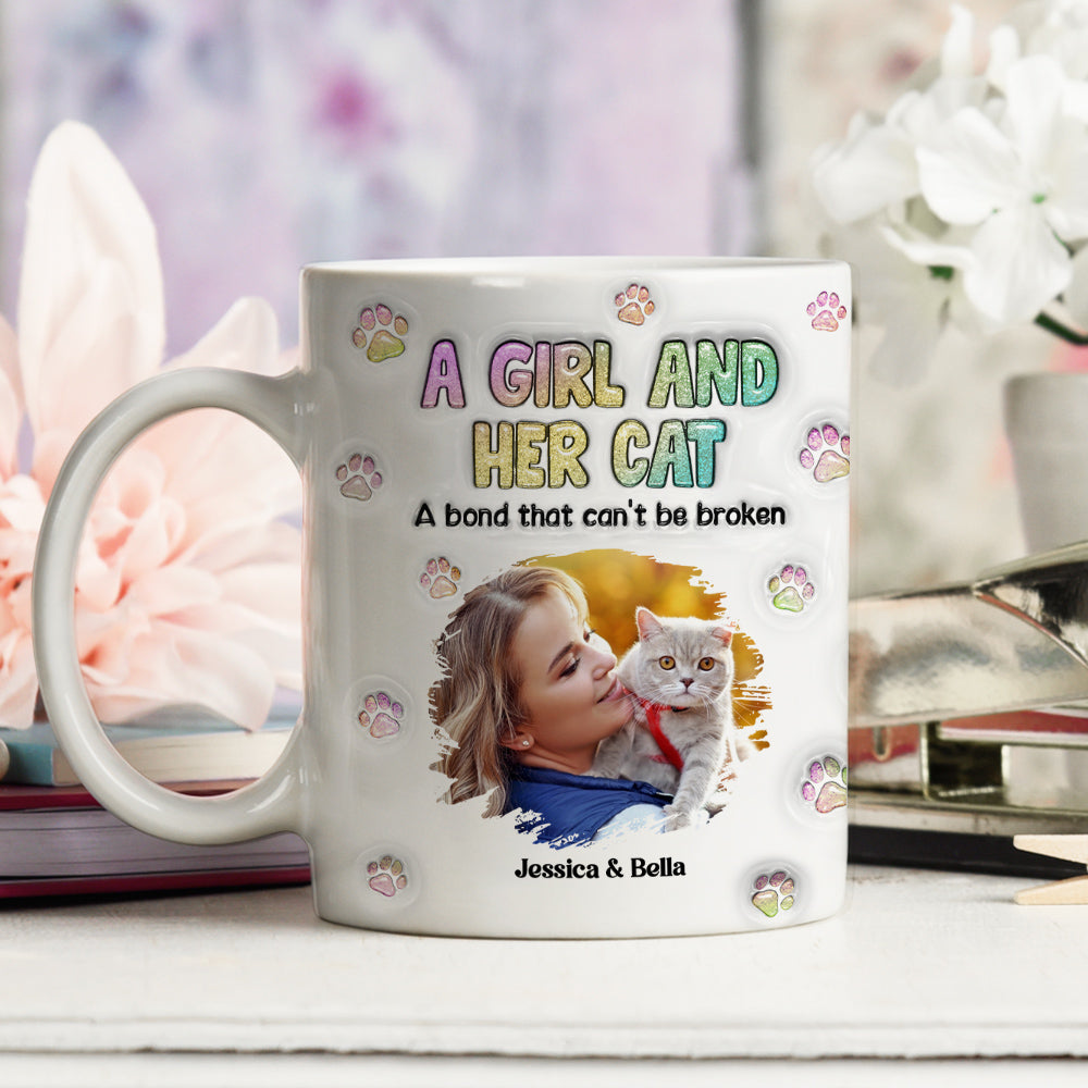 Custom Photo Christmas Birthday Gifts For Dog Mom, Dog Lovers • A Girl And Her Cat Photo - Personalized 3D Inflated Effect Mug