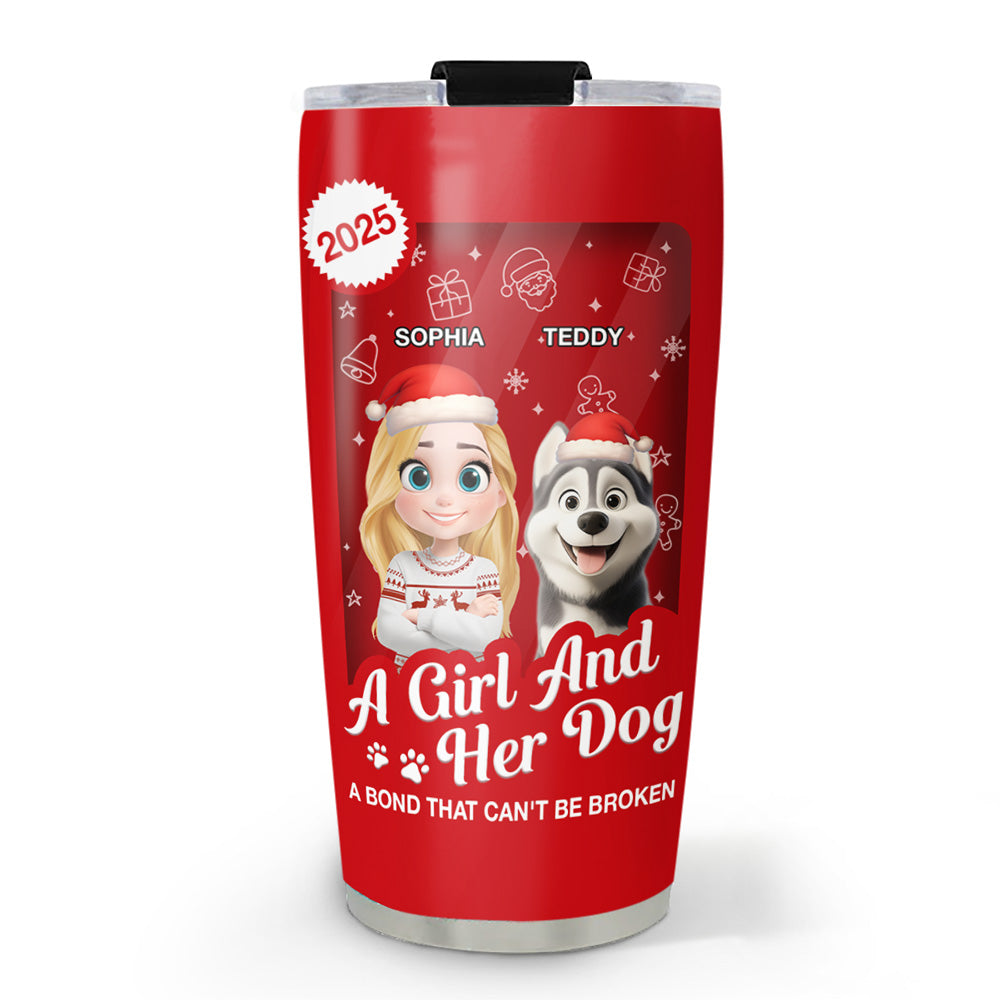 Custom Christmas Birthday Gifts For Dog Mom, Dog Lovers • A Woman And Her Dog Cartoon Christmas - Personalized Tumbler