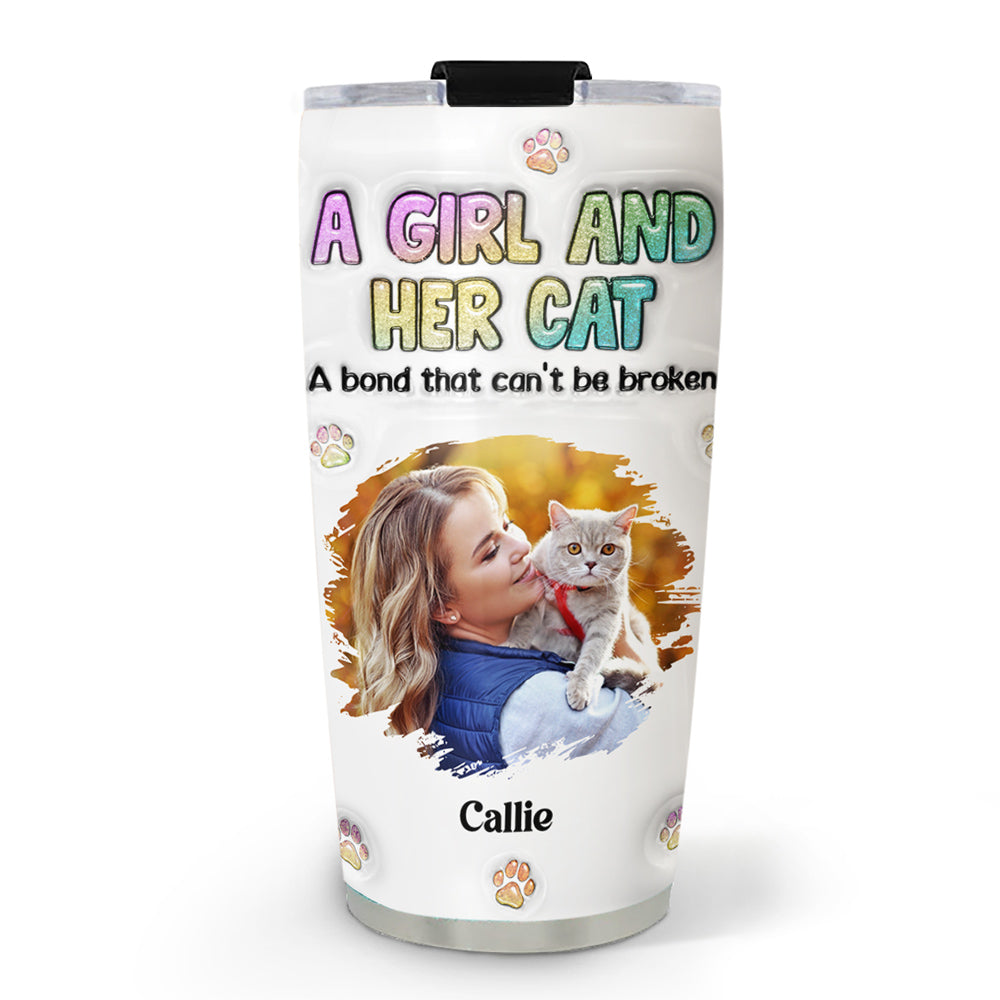 Custom Photo Christmas Birthday Gifts For Cat Mom, Cat Lovers • A Girl And Her Cat Photo - Personalized 3D Inflated Effect Tumbler