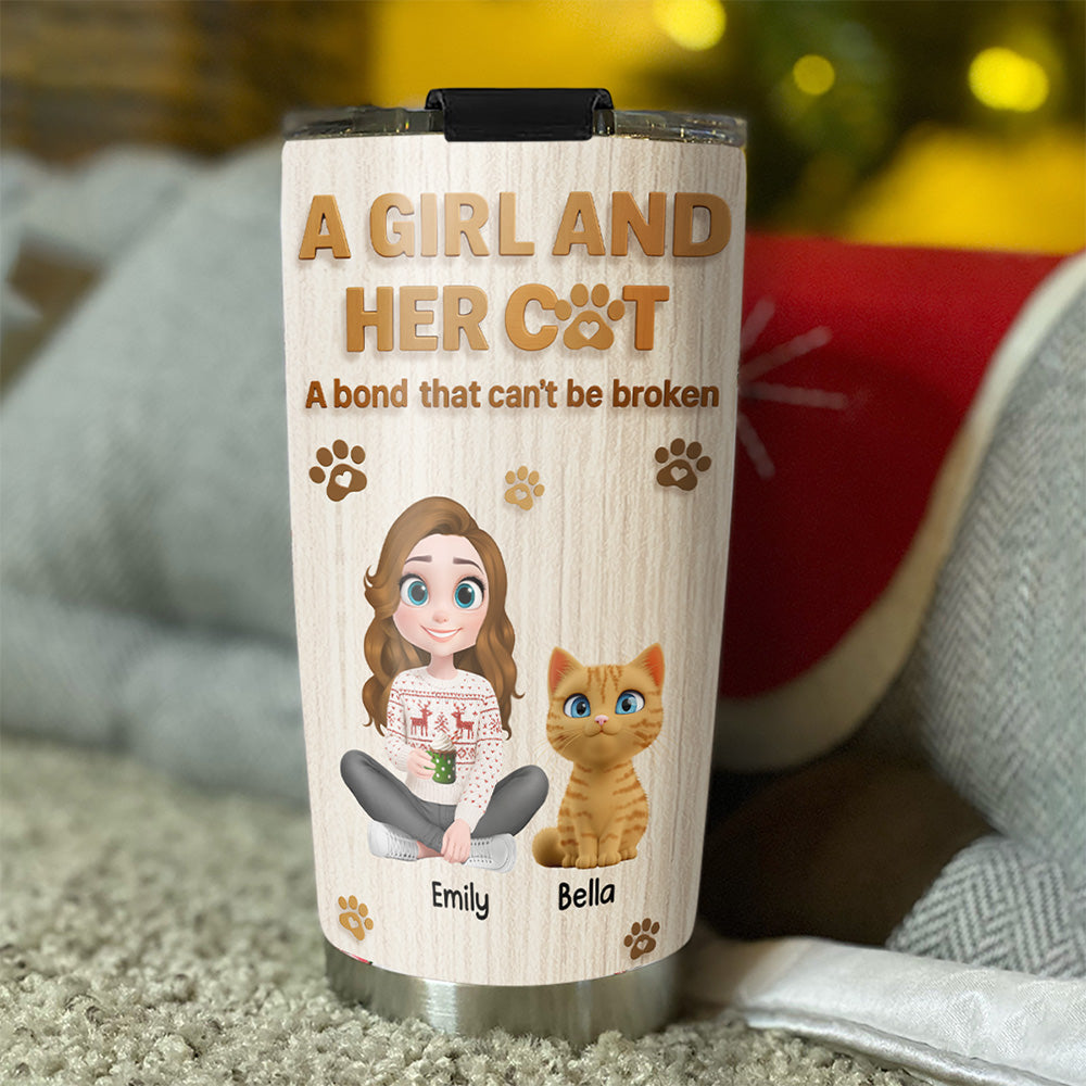 Custom Christmas Birthday Gifts For Cat Mom, Cat Lovers • A Girl And Her Cat Snowball - Personalized Tumbler