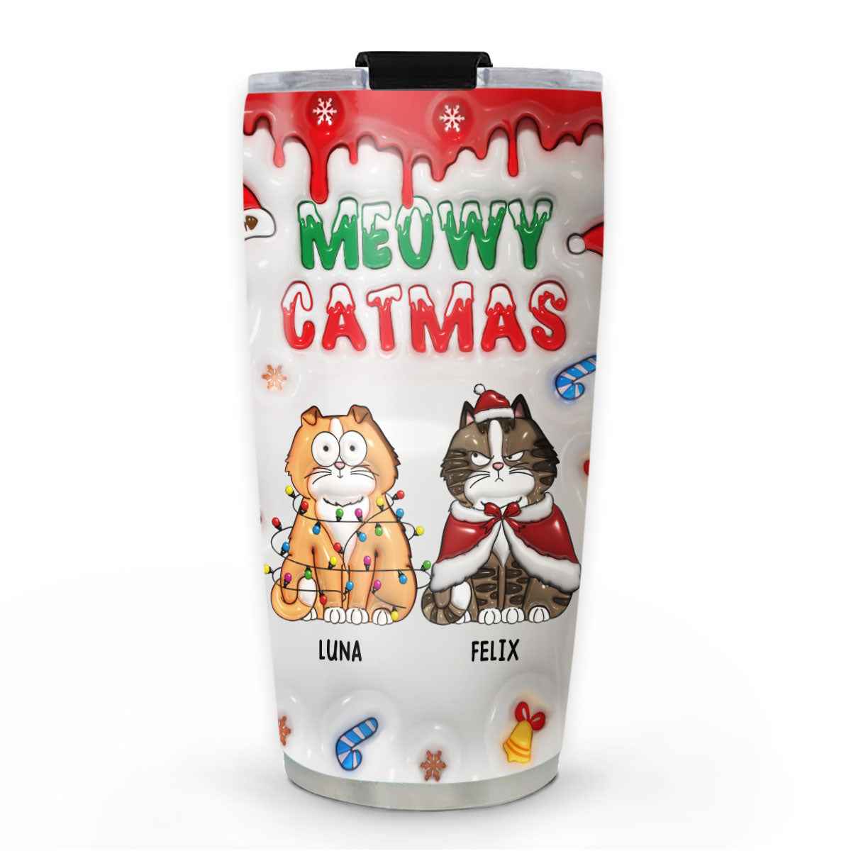 Custom Christmas Birthday Gifts For Pet Lovers • Meowy Christmas - Personalized 3D Inflated Effect Tumbler
