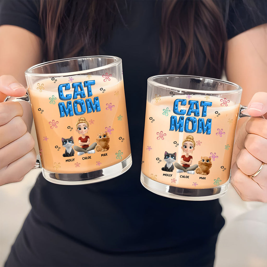 Custom Christmas Birthday Gifts For Cat Mom, Cat Lovers • Sponge Cat Mom - Personalized 3D Inflated Effect Glass Mug