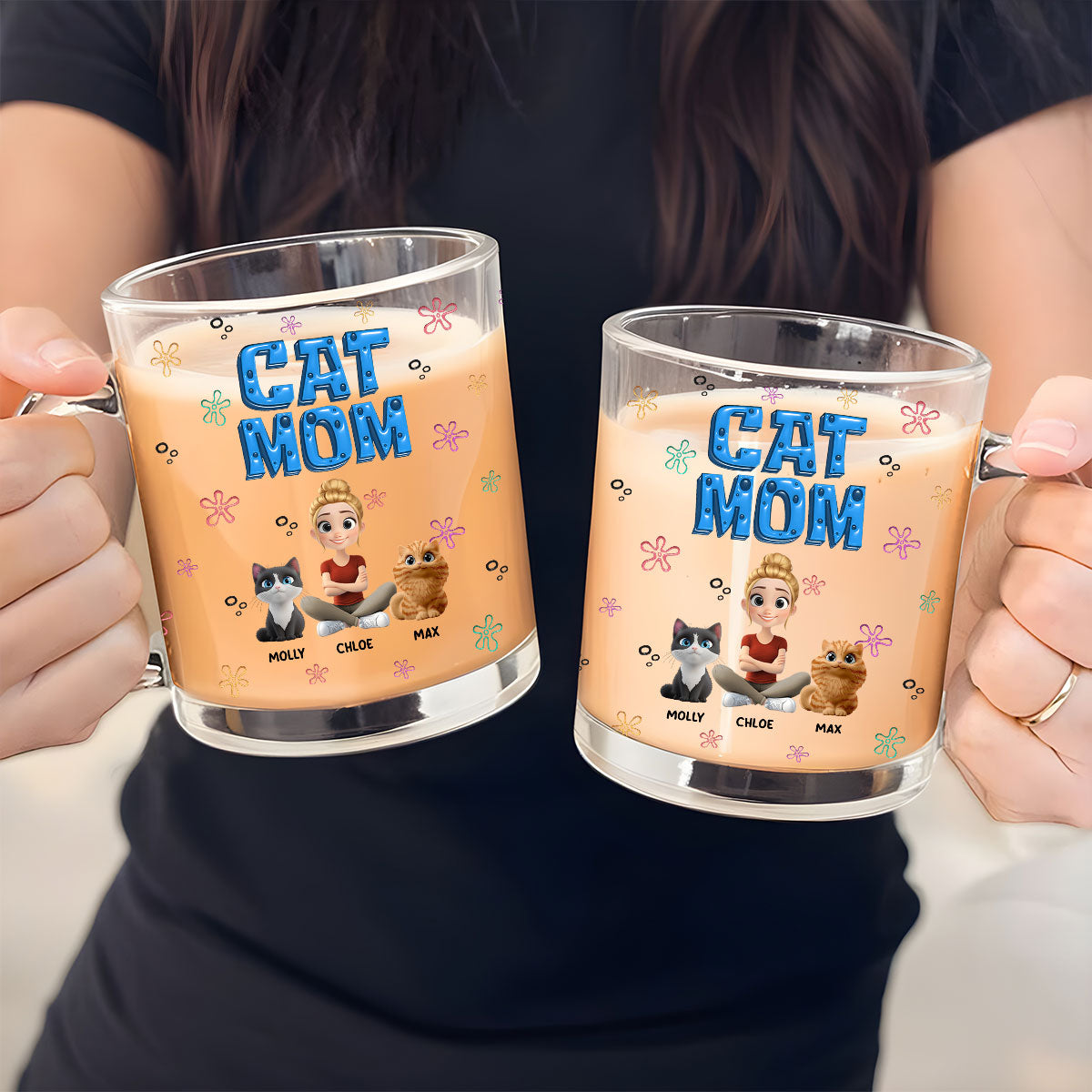 Custom Christmas Birthday Gifts For Cat Mom, Cat Lovers • Sponge Cat Mom - Personalized 3D Inflated Effect Glass Mug