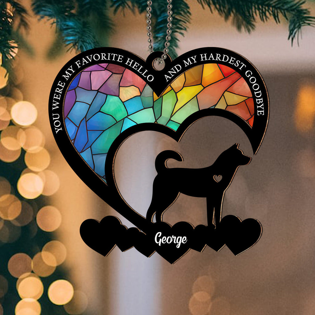 Custom Christmas Memorial Sympathy Gifts For Dogs, Cats • Favorite Hello And Hardest Goodbye - Personalized Suncatcher Ornament