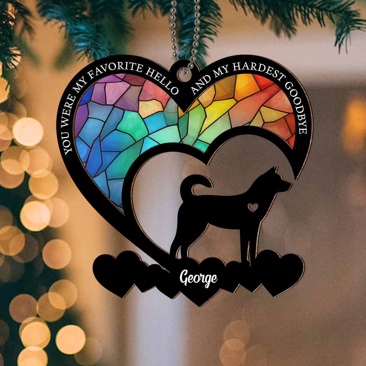 Custom Christmas Memorial Sympathy Gifts For Dogs, Cats • Favorite Hello And Hardest Goodbye - Personalized Suncatcher Ornament