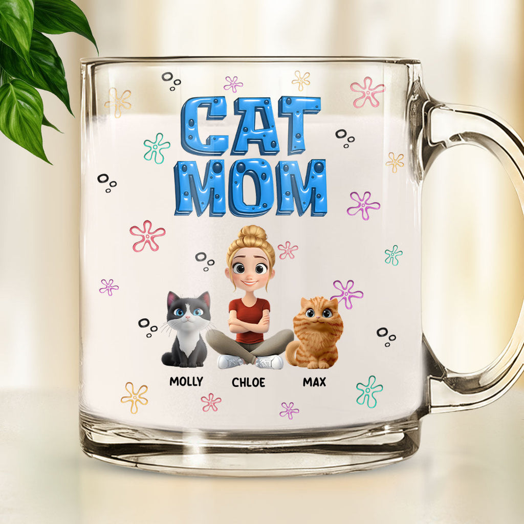 Custom Christmas Birthday Gifts For Cat Mom, Cat Lovers • Sponge Cat Mom - Personalized 3D Inflated Effect Glass Mug