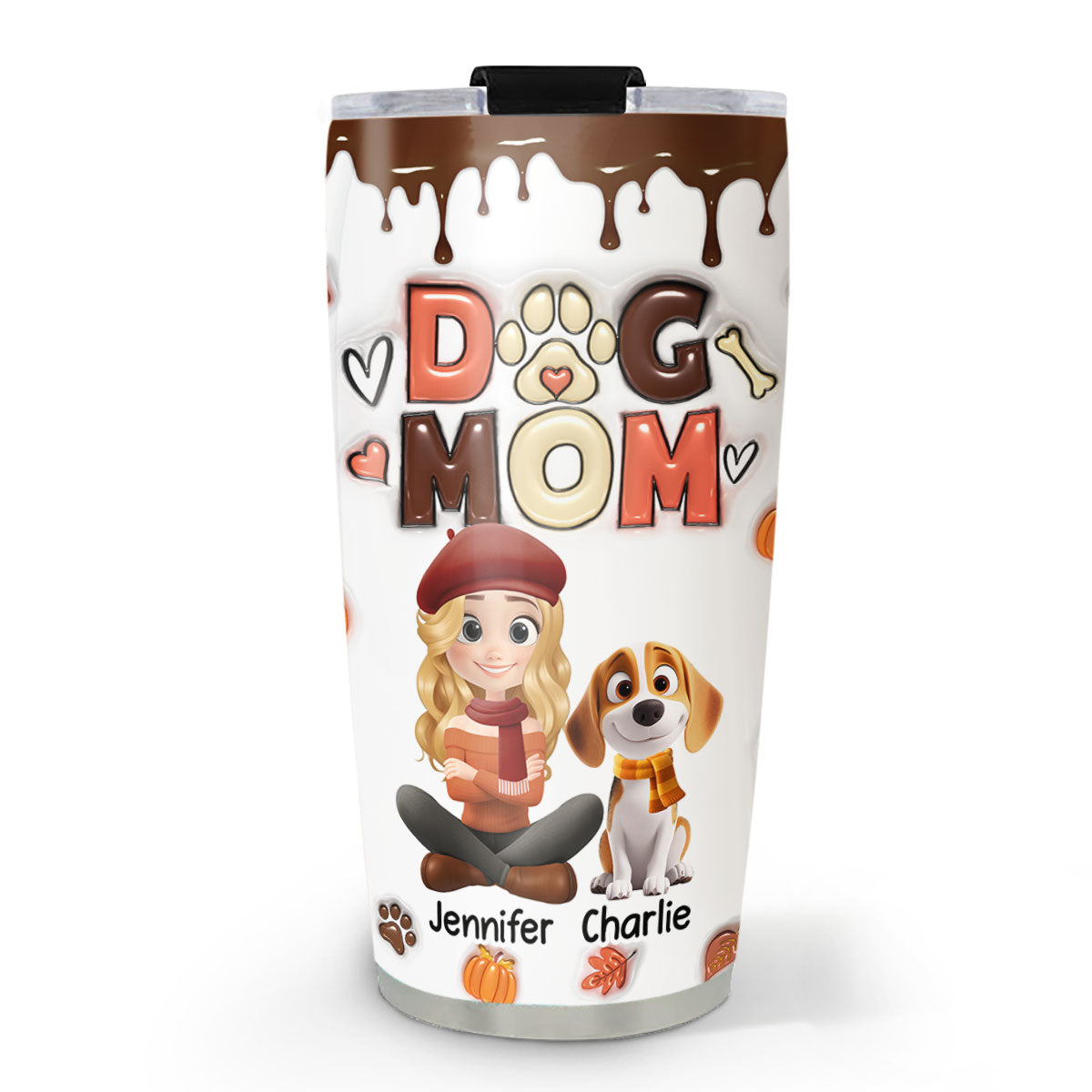 Custom Christmas Birthday Gifts For Dog Mom, Dog Lovers • Dog Mom Autumn Cartoon Version - Personalized 3D Inflated Effect Tumbler
