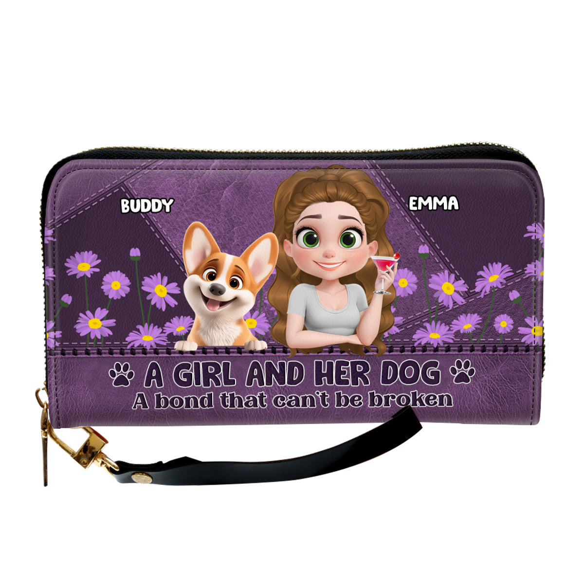 A Girl And Her Dogs Cartoon - Personalized Leather Wallet