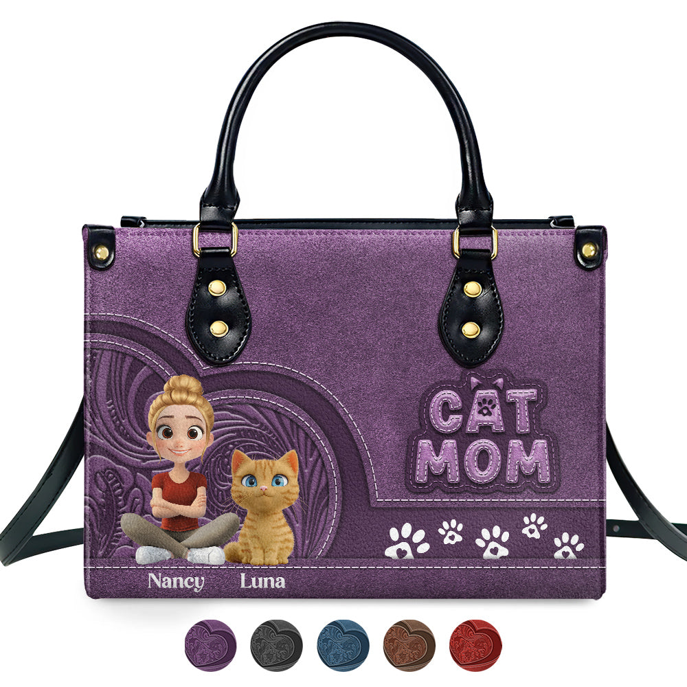 Chibi Cartoon Cat Mom - Personalized Leather Bag