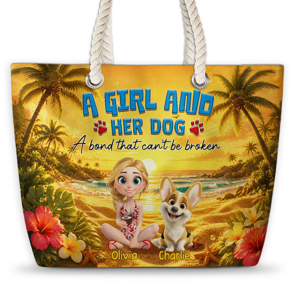 Girl And Dog On Beach - Personalized Beach Bag