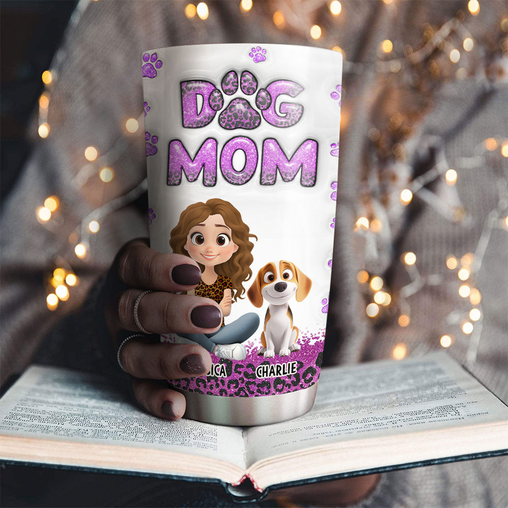 Custom Christmas Birthday Gifts For Dog Mom, Dog Lovers • Dog Mom Leopard Version 2 - Personalized 3D Inflated Effect Tumbler