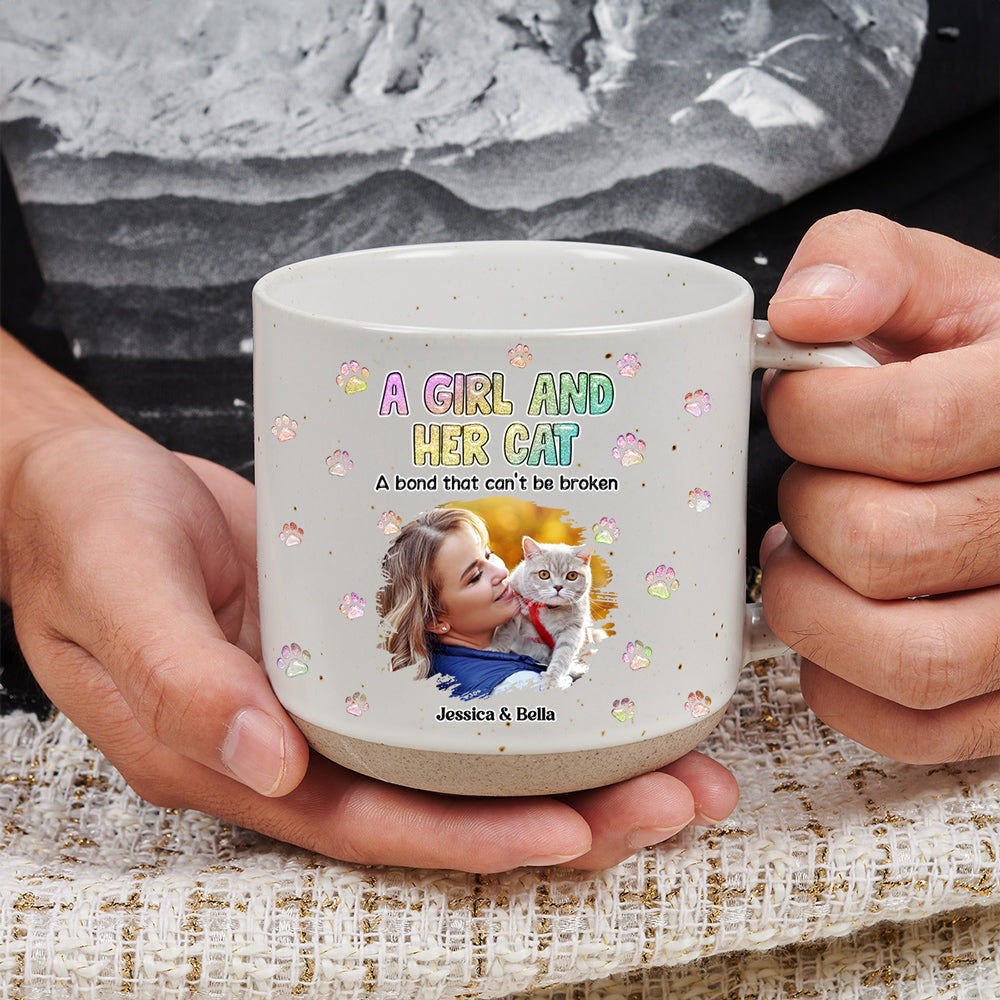 Custom Photo Christmas Birthday Gifts For Cat Mom, Cat Lovers • A Girl And Her Cat Photo - Personalized Pottery Mug