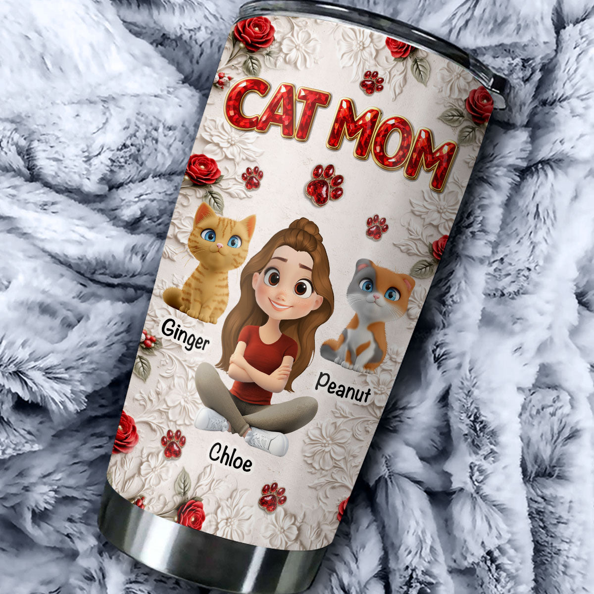 Custom Christmas Birthday Gifts For Cat Mom, Cat Lovers • Floral Cat Mom - Personalized 3D Effect Tumbler