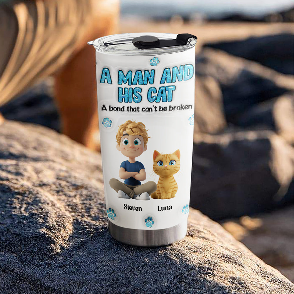 Custom Christmas Birthday Gifts For Cat Dad, Cat Lovers • A Man And His Cat - Personalized 3D Inflated Effect Tumbler
