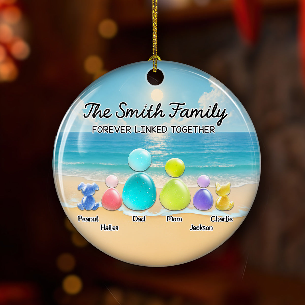 Custom Christmas Decor Home Birthday Gifts For Pet Lovers • Sea Glass Family With Pet - Personalized 3D Inflated Effect Ceramic Ornament