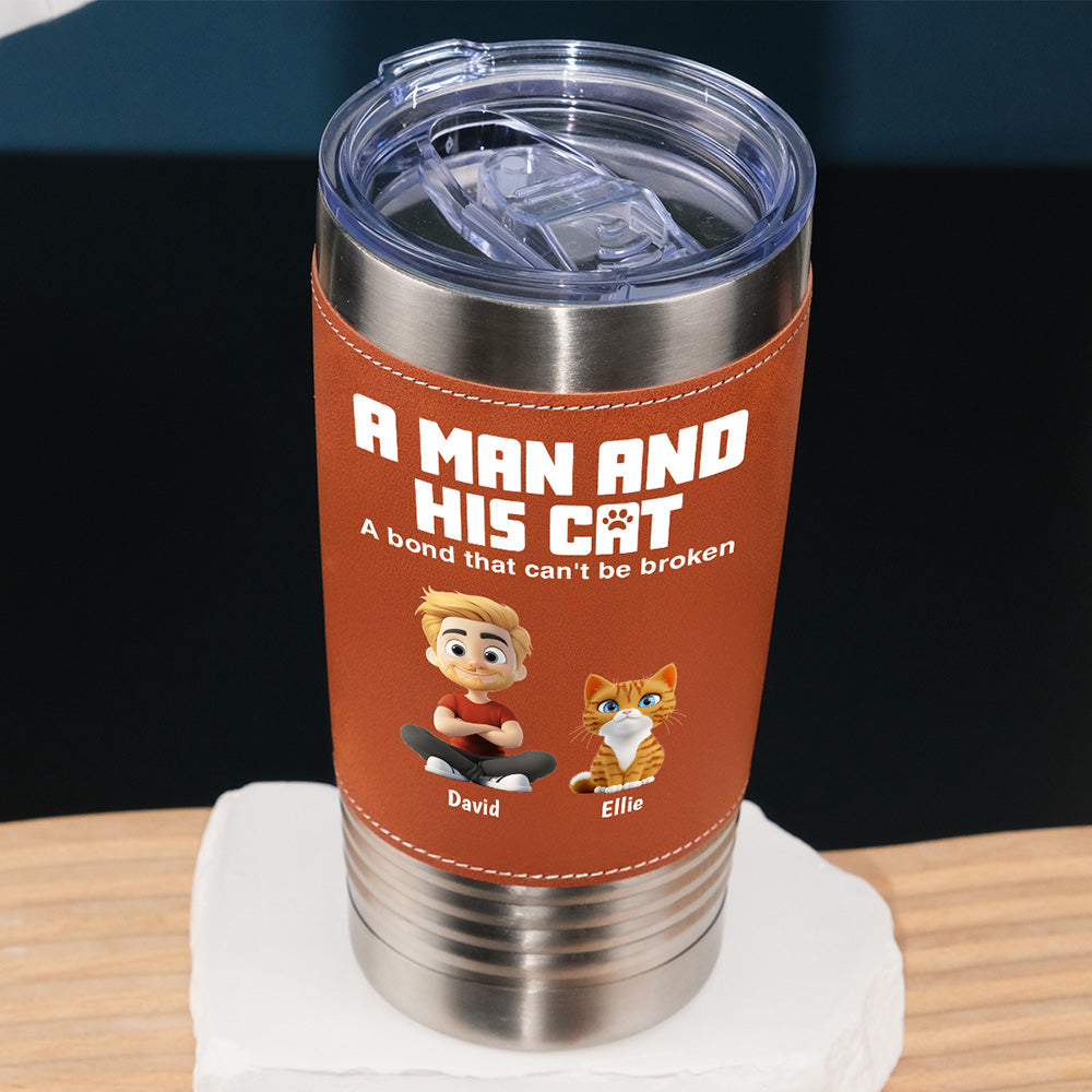 Custom Father's day Birthday Gifts For Cat Dad, Cat Lovers • A Man And His Cats - Personalized Leather Tumbler