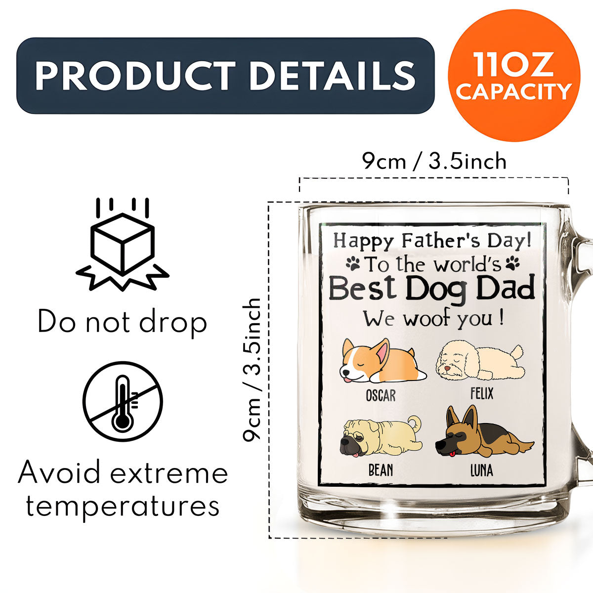 Custom Father's day Birthday Gifts For Dog Dad, Dog Lovers • Happy Dog Dad Mum - Personalized Glass Mug