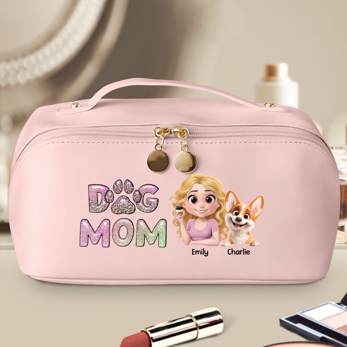 Dog Mom Lovely Chibi - Personalized Leather Makeup Bag