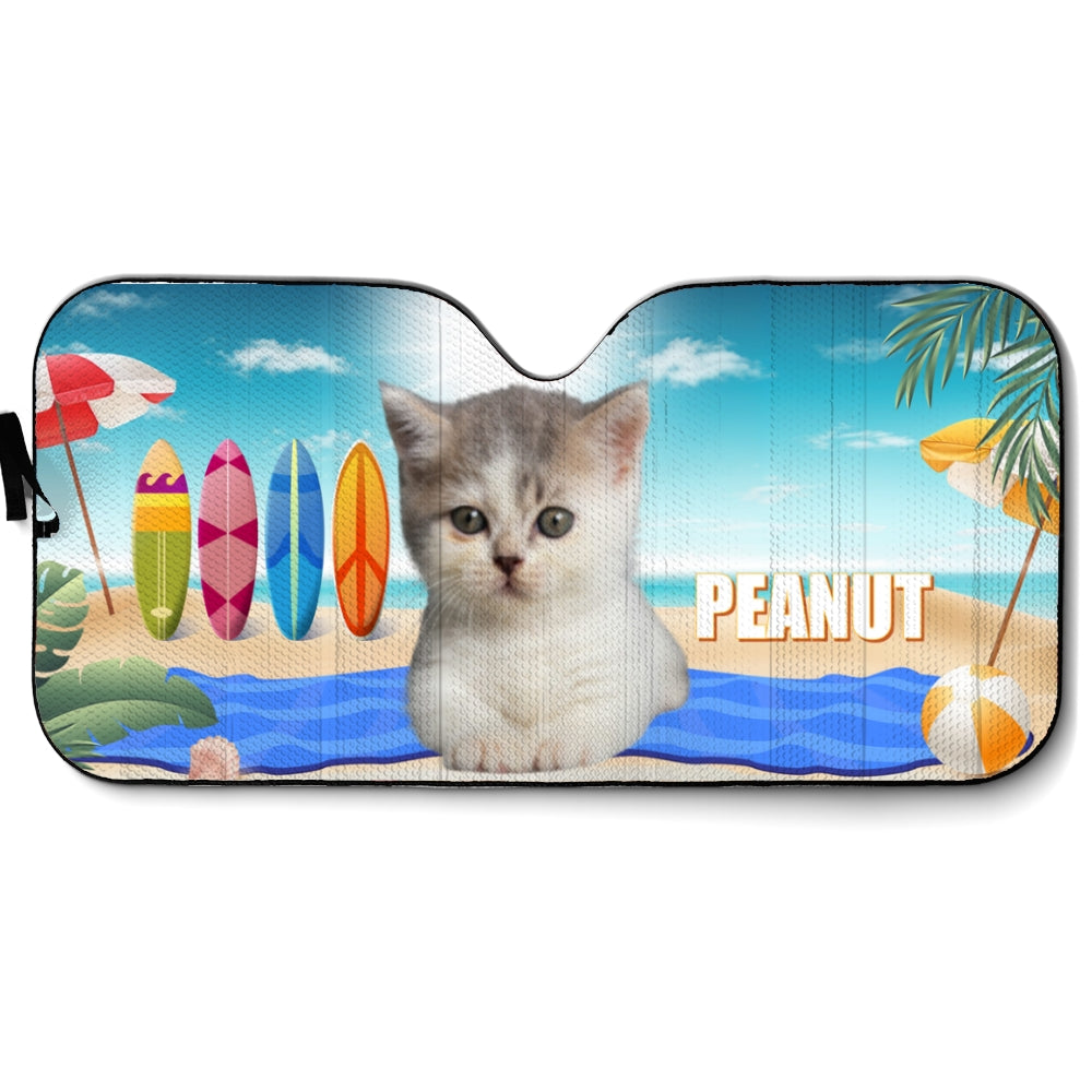Custom Christmas Birthday Gifts Car Accessories for Cat Parents • Cat And Beach Photo - Personalized Car Sunshade