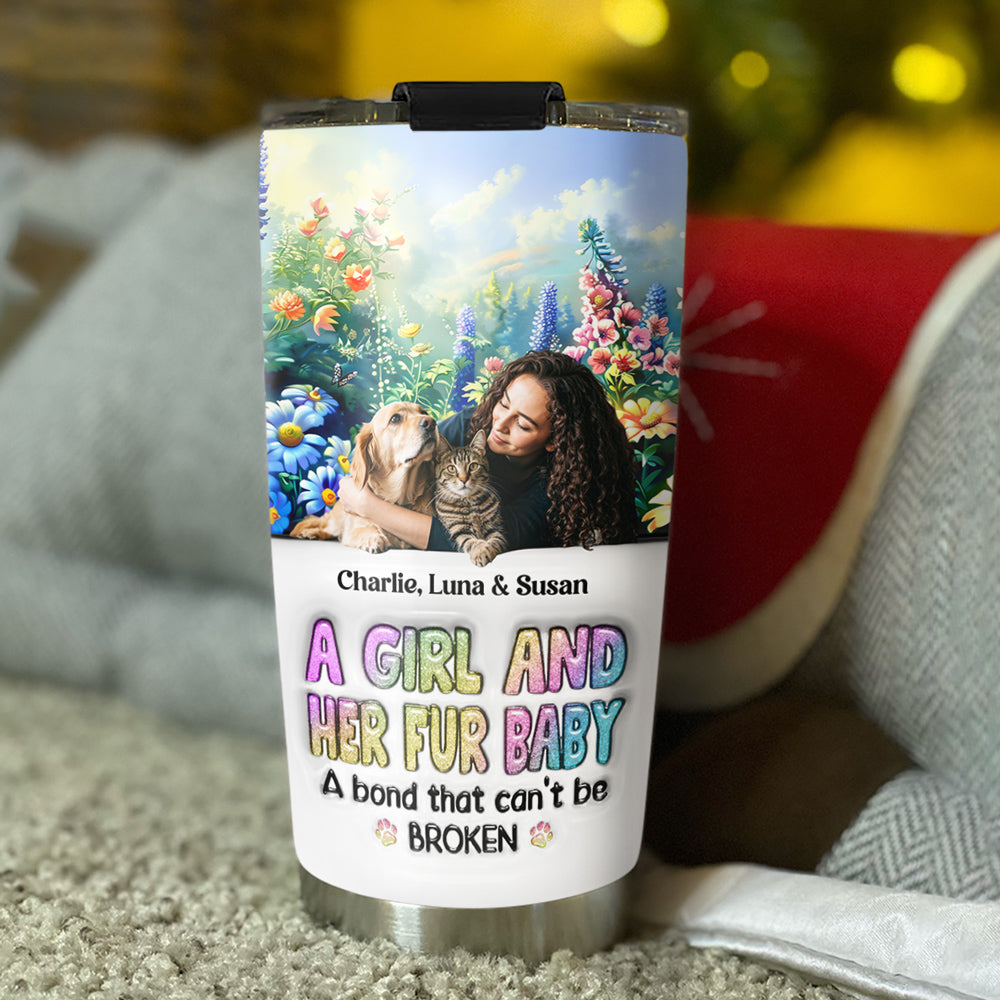 Custom Photo Christmas Birthday Gifts For Cat Mom, Cat Lovers • A Girl And Her Lovely Fur Baby Photo - Personalized 3D Inflated Effect Tumbler