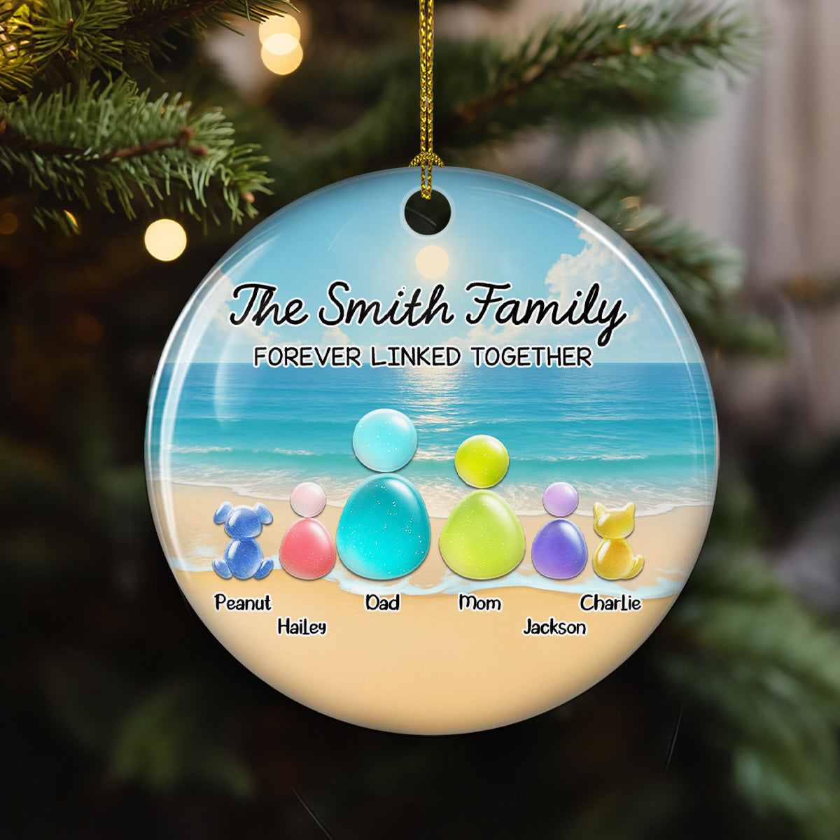Custom Christmas Decor Home Birthday Gifts For Pet Lovers • Sea Glass Family With Pet - Personalized 3D Inflated Effect Ceramic Ornament