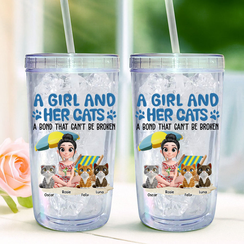 Custom Christmas Birthday Gifts For Cat Mom, Cat Lovers • A Girl And Her Cats - Personalized 14oz Plastic Tumbler