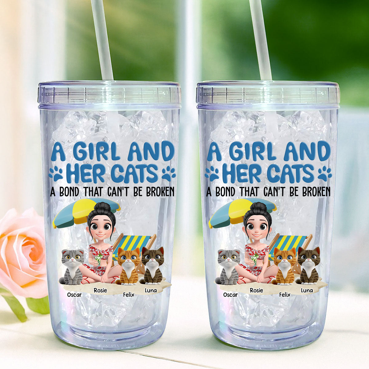 Custom Christmas Birthday Gifts For Cat Mom, Cat Lovers • A Girl And Her Cats - Personalized 14oz Plastic Tumbler