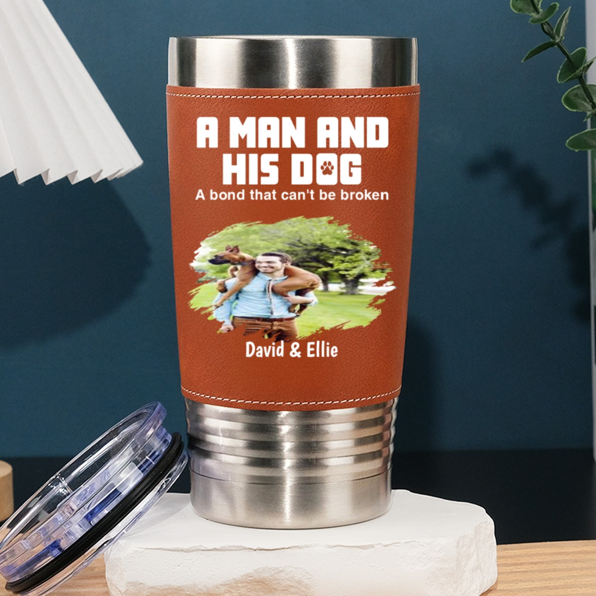 Custom Photo Father's day Birthday Gifts For Dog Dad, Dog Lovers • A Man And His Dogs Photo - Personalized Leather Tumbler