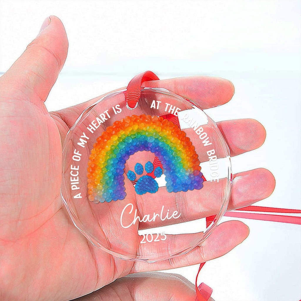 Custom Christmas Memorial Sympathy Gifts For Dogs, Cats • At Rainbow Bridge - Personalized Glass Ornament