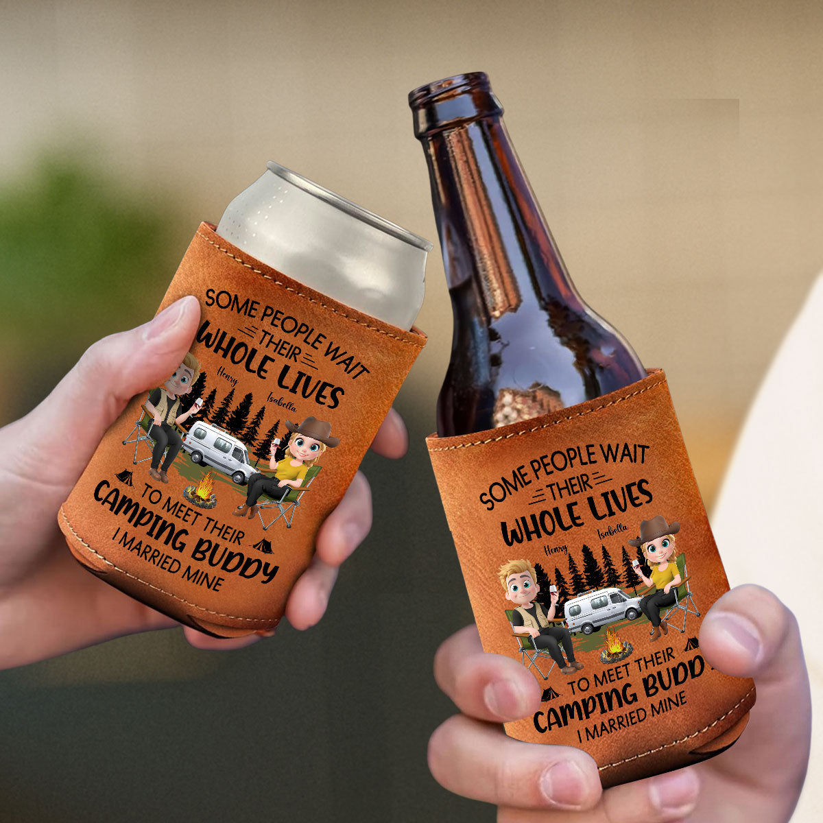 Sharing Every Campfire Night - Personalized Leather Can Cooler Holder