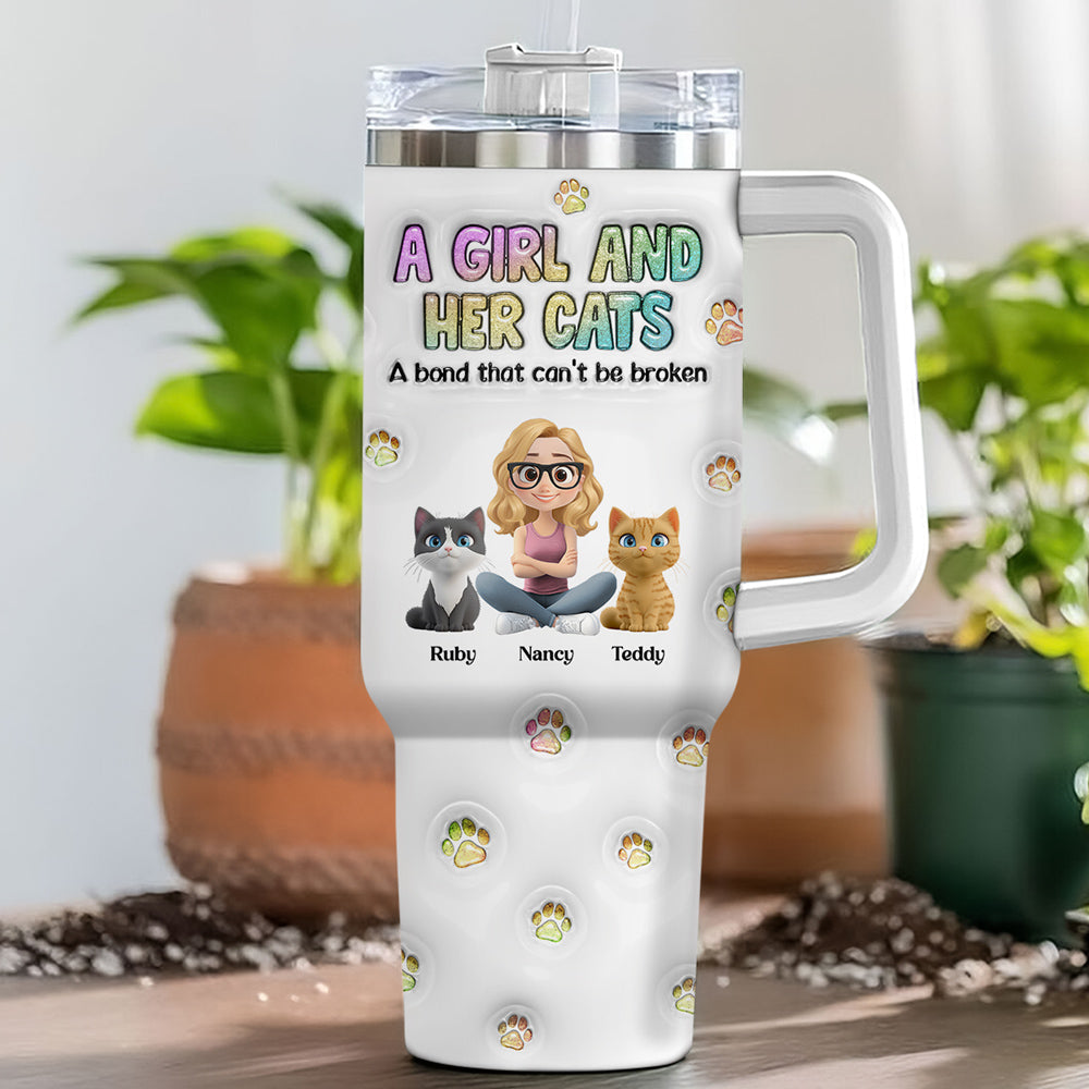 Custom Christmas Birthday Gifts For Cat Mom, Cat Lovers • A Girl And Her Cat - Personalized 3D Inflated Effect Printed 40 Oz Tumbler