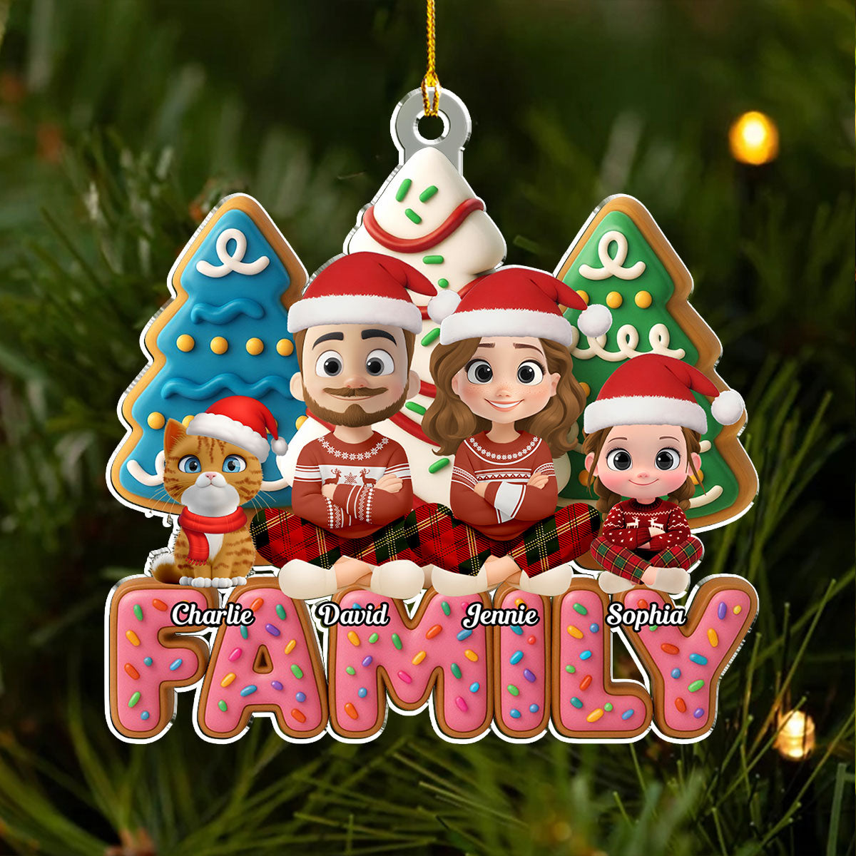 Custom Christmas Decor Home Birthday Gifts For Pet Lovers • Sweet Family With Cat - Personalized Acrylic Ornament