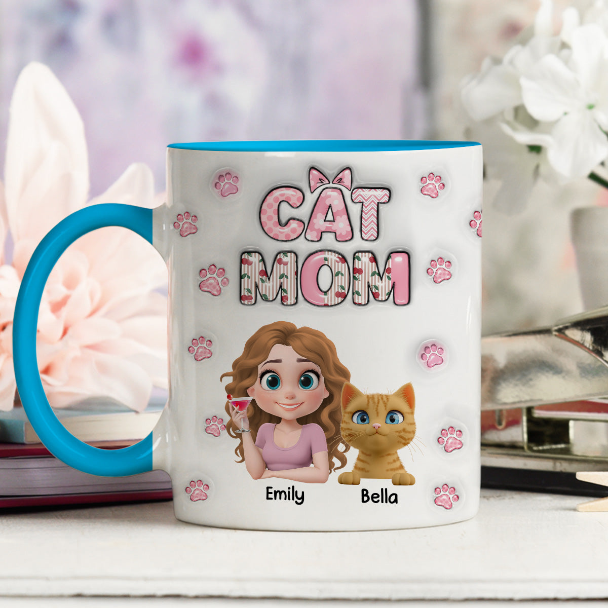 Custom Christmas Birthday Gifts For Cat Mom, Cat Lovers • Cherry On Top Of Cats - Personalized 3D Inflated Effect Accent Mug