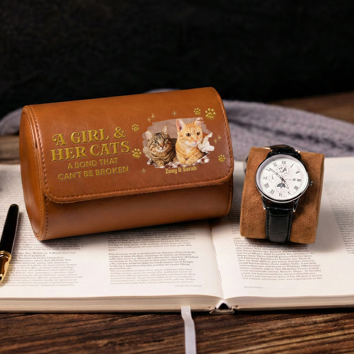 A Girl And Her Cat Photo - Personalized Leather Watch Case