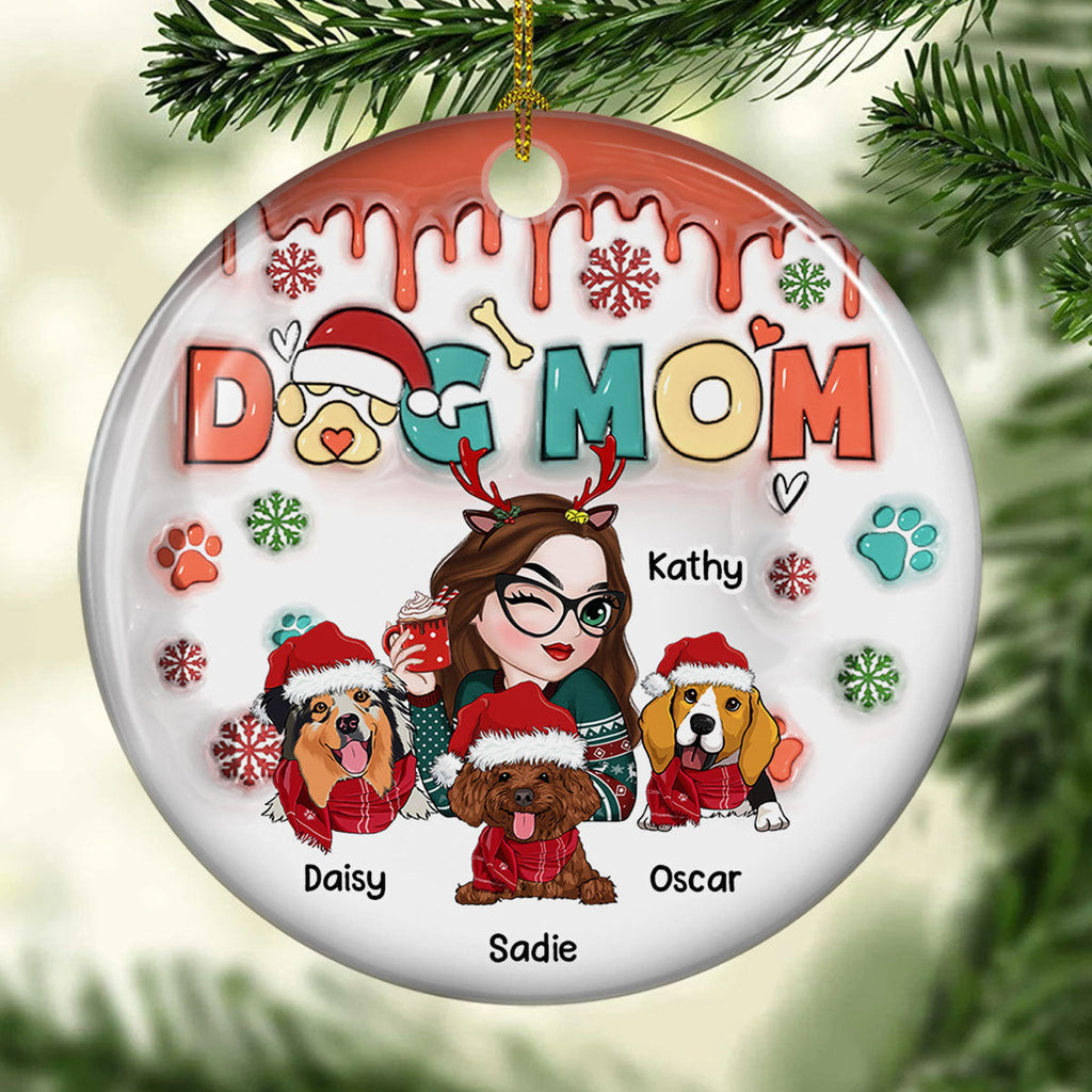 Custom Christmas Decor Home Birthday Gifts For Dog Mom, Dog Lovers • Dog Mom Christmas Paw - Personalized 3D Inflated Effect Ceramic Ornament