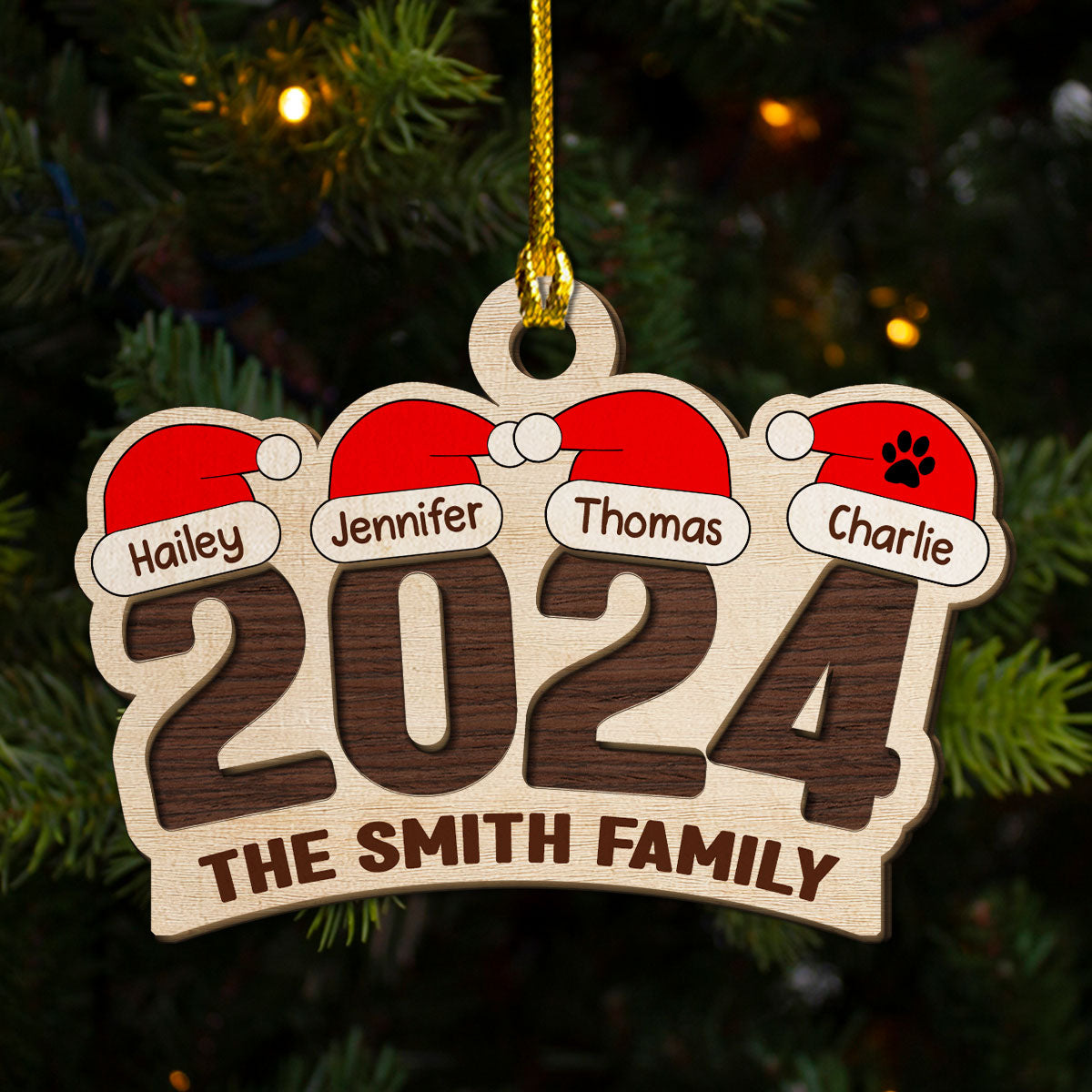 Family Santa Hat - Personalized 2-Layered Wood Ornament
