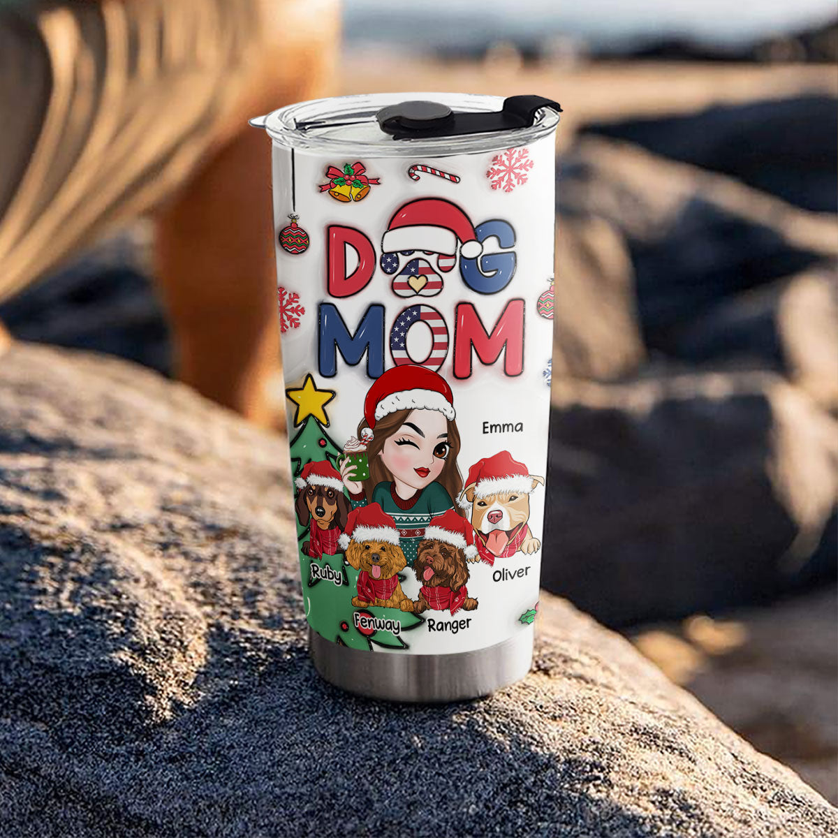 Custom Mother's day Birthday Gifts For Pet Mom, Pet Lovers • Lovely Dog Mom Christmas Version 3 - Personalized 3D Inflated Effect Tumbler