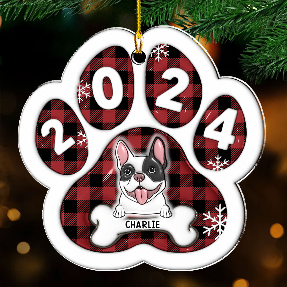 Custom Christmas Decor Home Birthday Gifts For Dog Lovers • Happy Paw 2024 - Personalized 3D Inflated Effect Acrylic Ornament