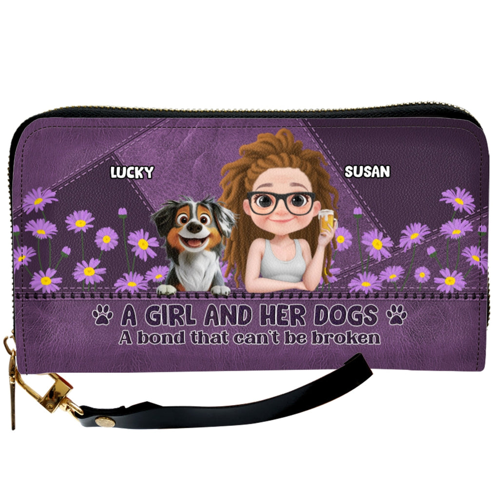 A Girl And Her Dogs Cartoon - Personalized Leather Wallet