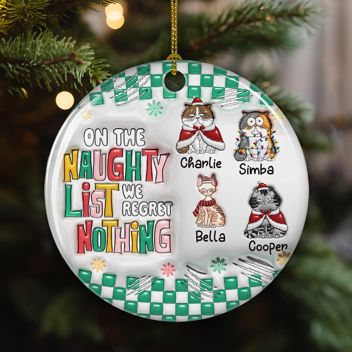 Custom Christmas Decor Home Birthday Gifts For Cat Lovers • On The Naughty List We Regret Nothing - Personalized 3D Inflated Effect Ceramic Ornament