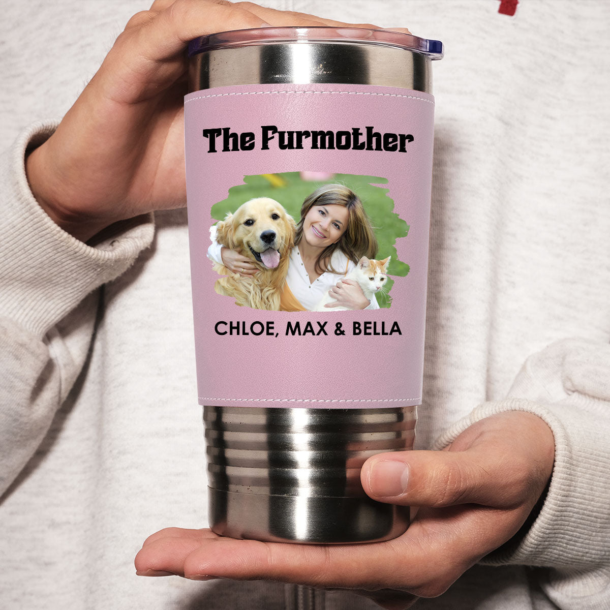 Custom Photo Christmas Birthday Gifts For Pet Mom, Pet Lovers • The Furmother Photo - Personalized Pink Leather Tumbler