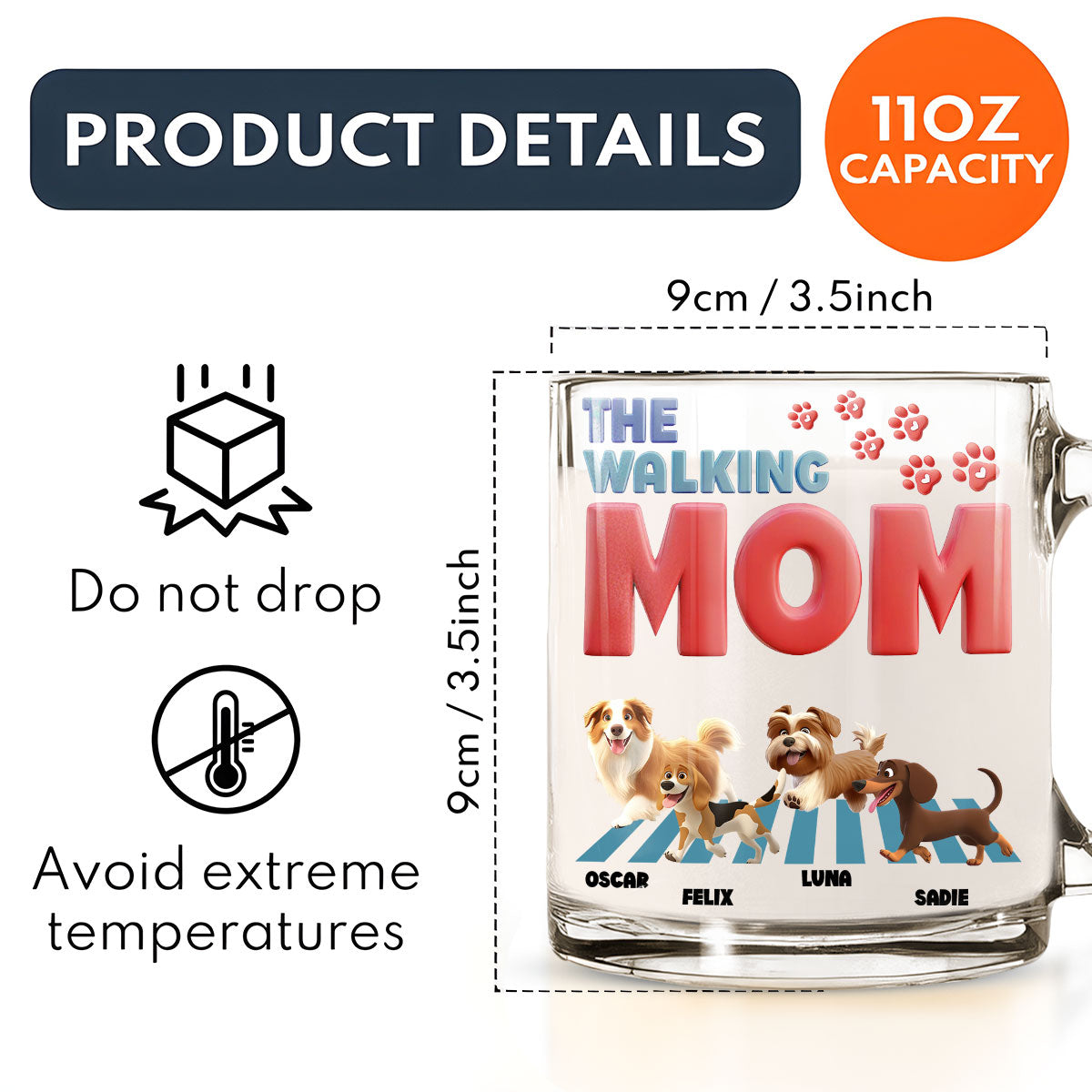 Custom Mother's day Birthday Gifts For Dog Mom, Dog Lovers • Lovely Walking Mom Cartoon - Personalized Glass Mug