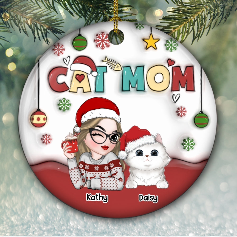Custom Christmas Decor Home Birthday Gifts For Cat Mom, Cat Lovers • Mom Of Cats- Personalized 3D Inflated Effect Ceramic Ornament
