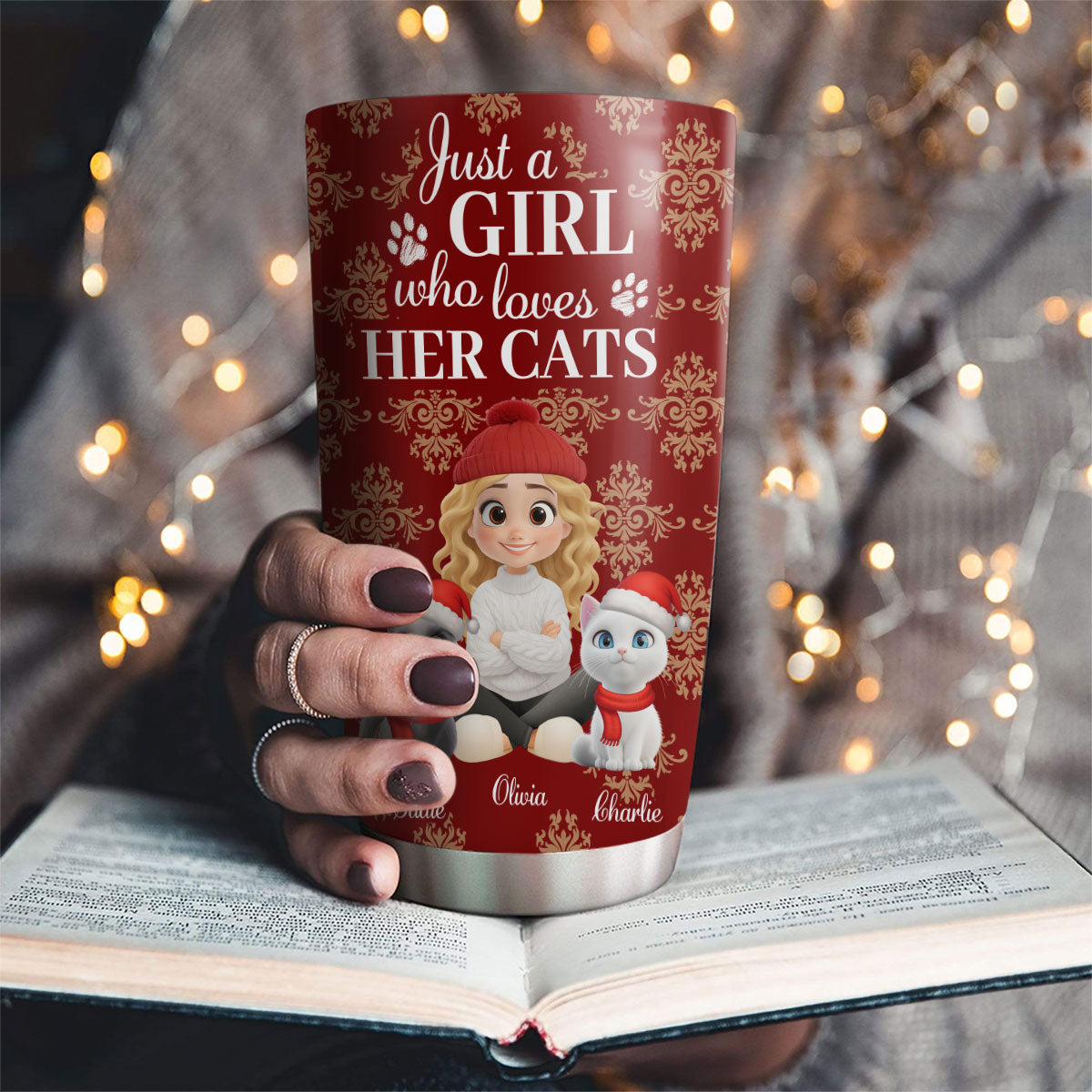 Custom Christmas Birthday Gifts For Cat Mom, Cat Lovers • Toile Cat Cartoon Christmas - Personalized Tumbler