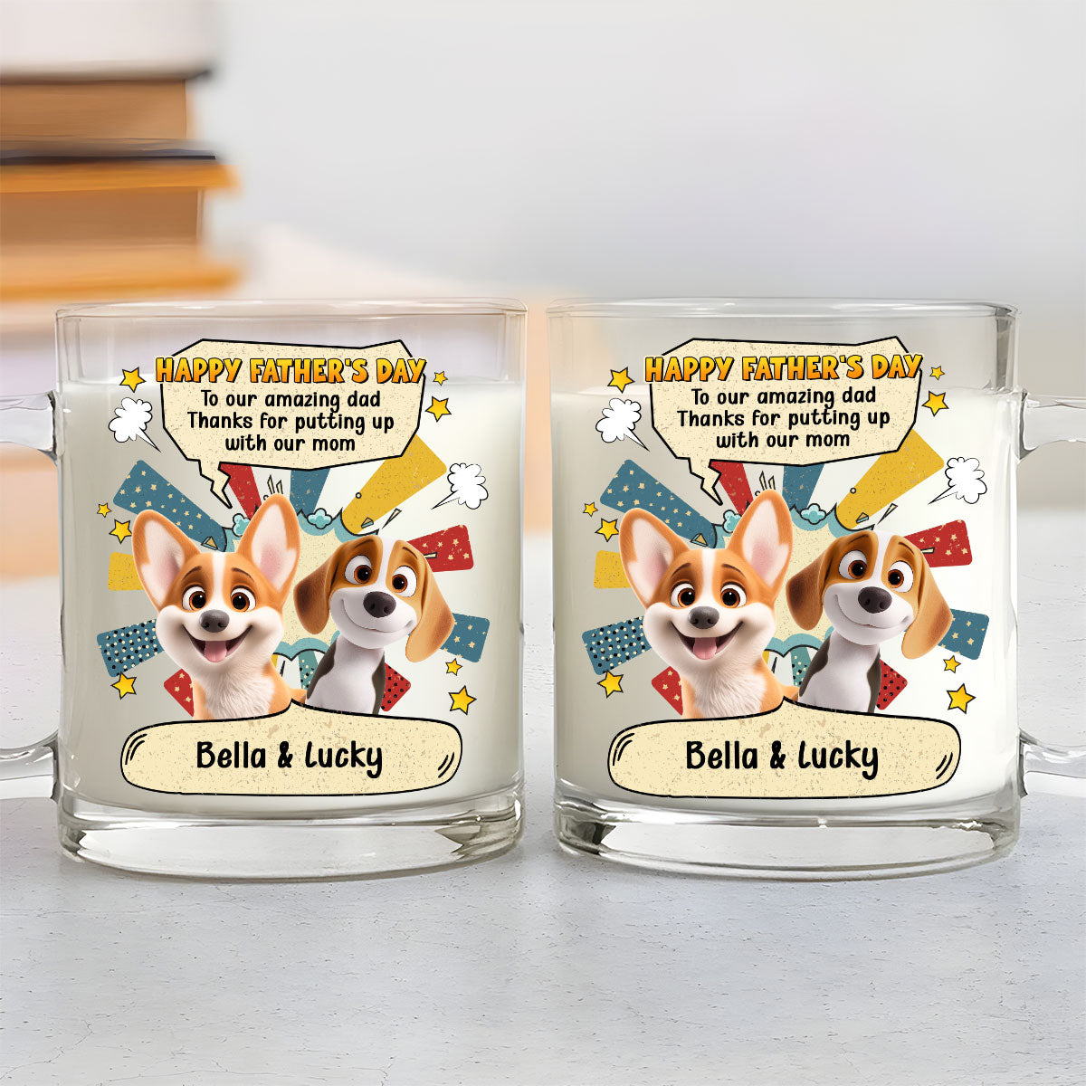 Custom Father's day Birthday Gifts For Dog Dad, Dog Lovers • Thanks For Putting Up With Us Dad - Personalized Glass Mug