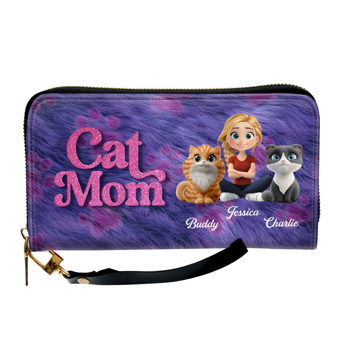 Bling Cat Mom Cartoon - Personalized Leather Wallet