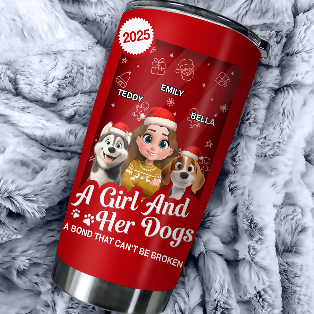 Custom Christmas Birthday Gifts For Dog Mom, Dog Lovers • A Woman And Her Dog Cartoon Christmas - Personalized Tumbler